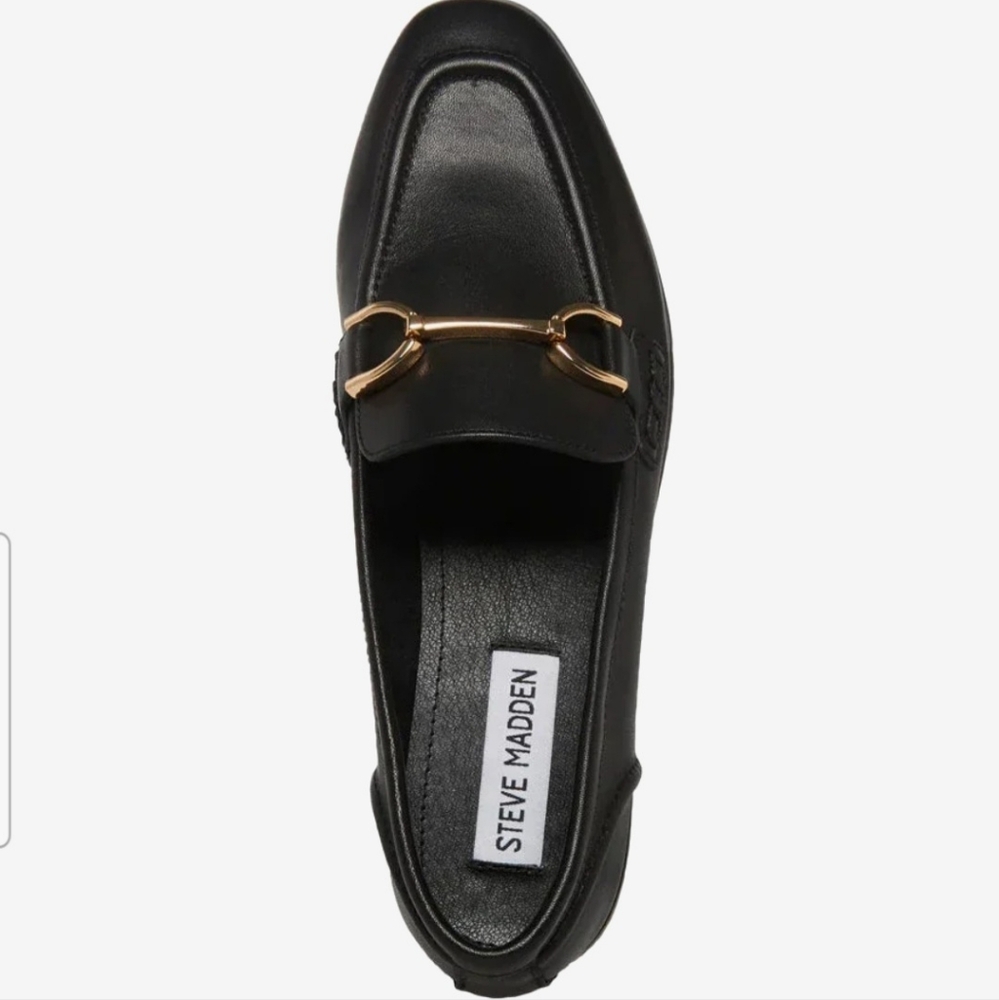 Steve Madden Carrine Black Leather Loafers with Gold Hardware